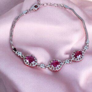 925 Sterling Silver Bracelet 7.5" (adjustable) with Natural Ruby Gems 5x7 mm& CZ